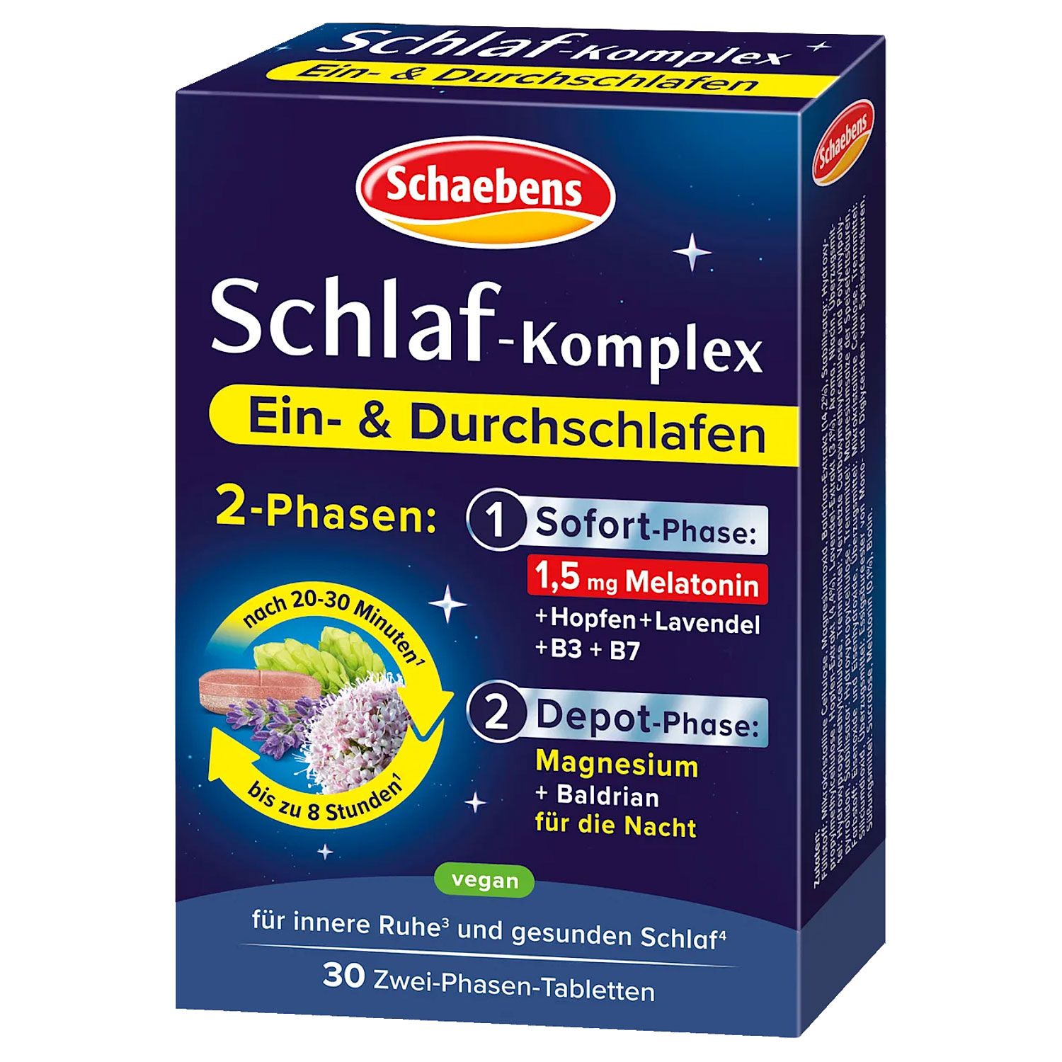 Schachtel mit Schaebens Schlaf-Komplex Tabletten. Enthält 30 Zwei-Phasen-Tabletten. Produktinformationen in Deutsch. Vegan.
