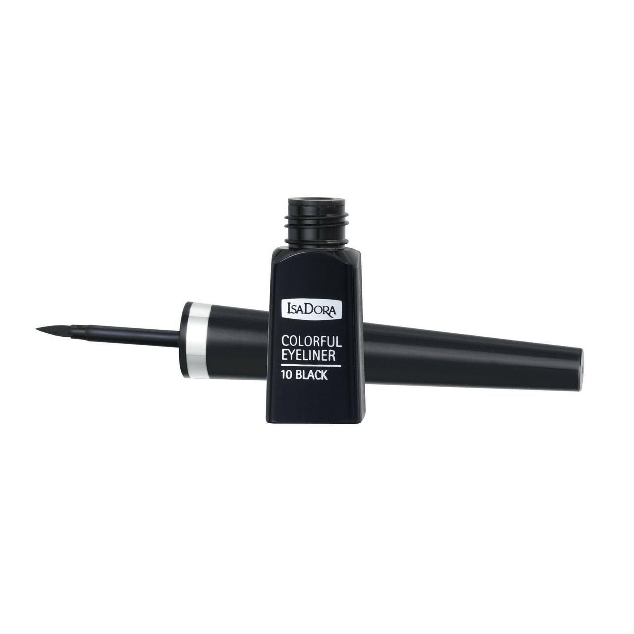 Schwarzer IsaDora Colorful Eyeliner. Flasche und Applikator liegen daneben. Produktname und Farbton auf der Flasche.