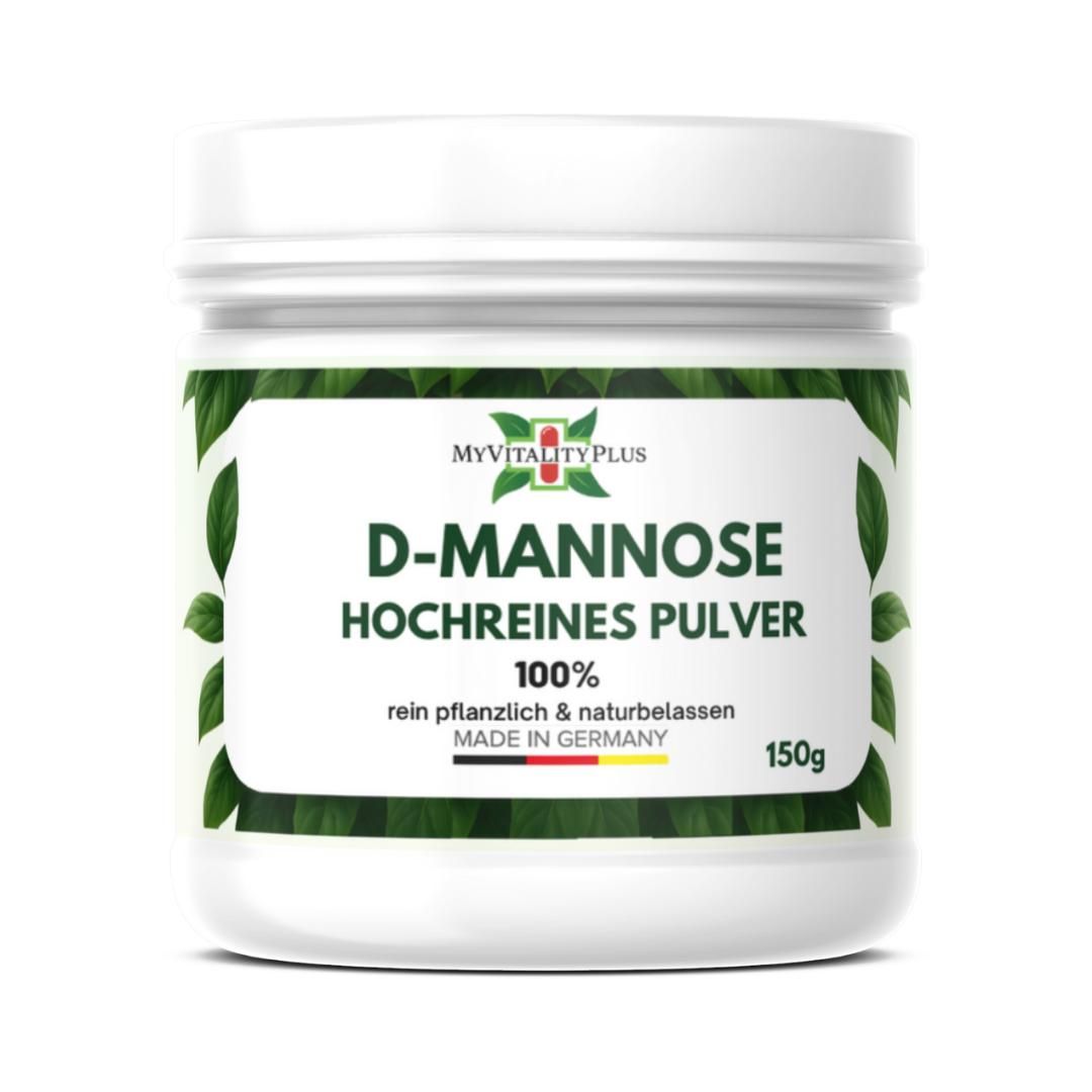 Weißes Produktglas mit grünem Etikett. Aufschrift: D-Mannose, hochreines Pulver, 100%, Made in Germany. 150g.