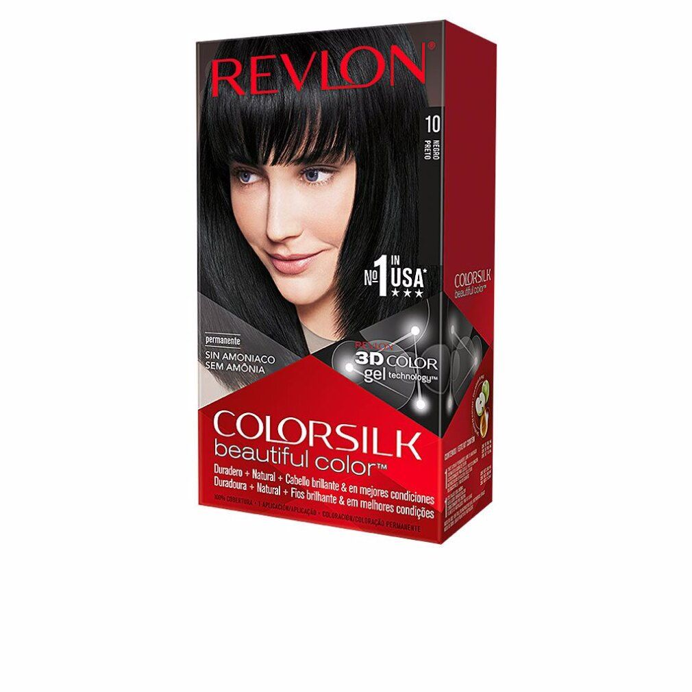 Haarfärbemittel-Verpackung. Enthält Colorsilk 10 Black. Abbildung einer Frau mit schwarzem Haar. Text: Ohne Ammoniak.