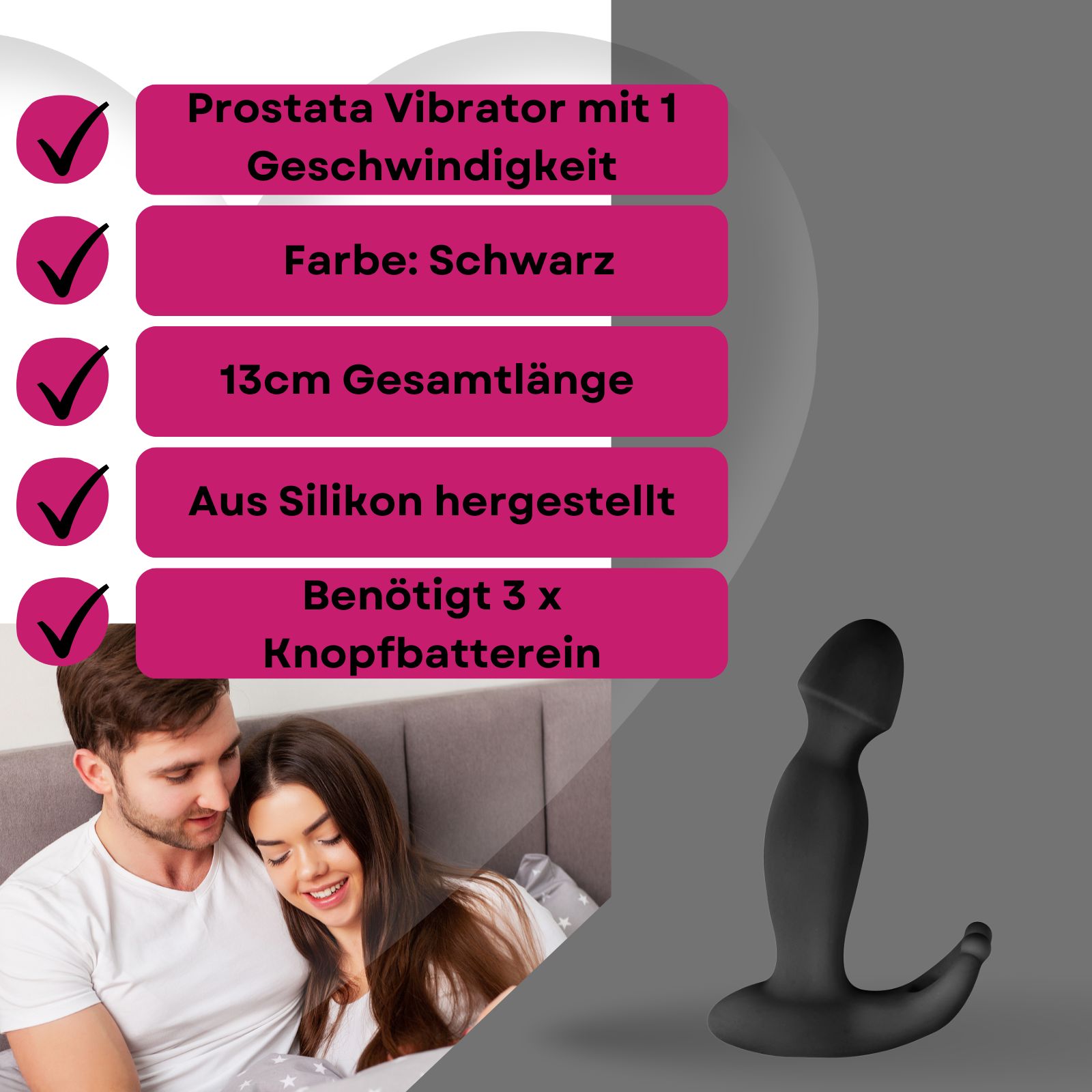 Produkt mit Text: Prostata Vibrator, Farbe: Schwarz, 13cm Gesamtlänge, aus Silikon, benötigt 3 Knopfzellen. Paar im Hintergrund.