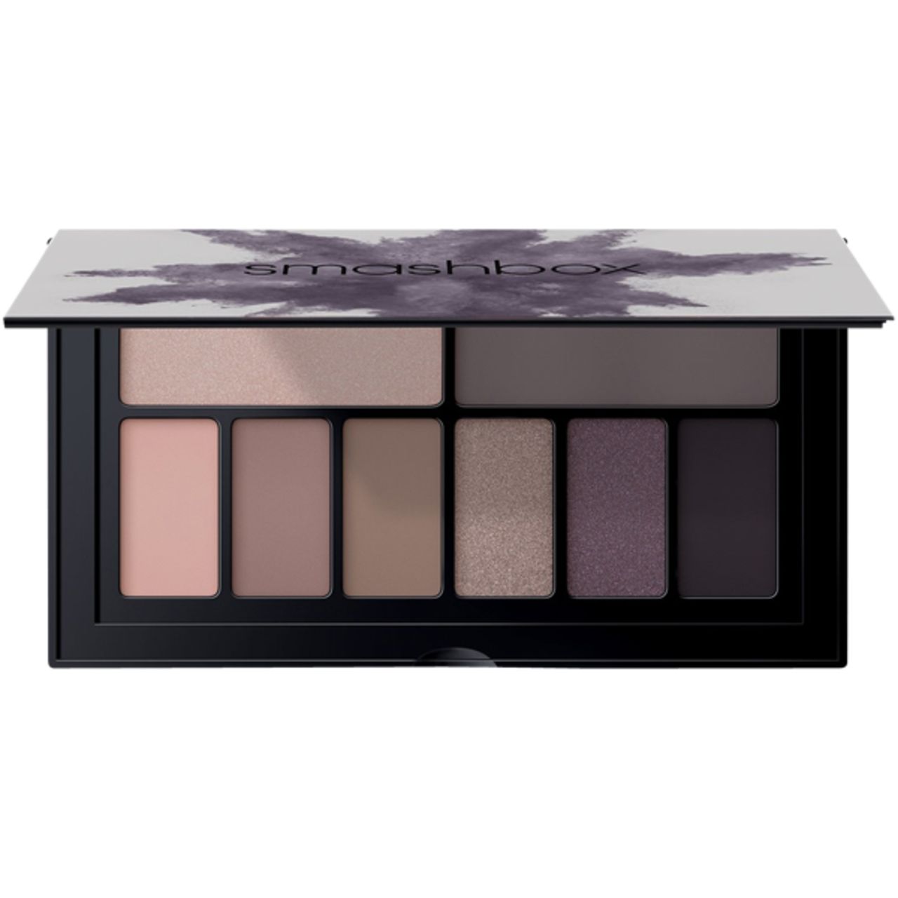Smashbox Cover Shot Eye Palette. Schwarze Palette mit 8 Lidschatten in verschiedenen Farbtönen. Deckel mit Logo.