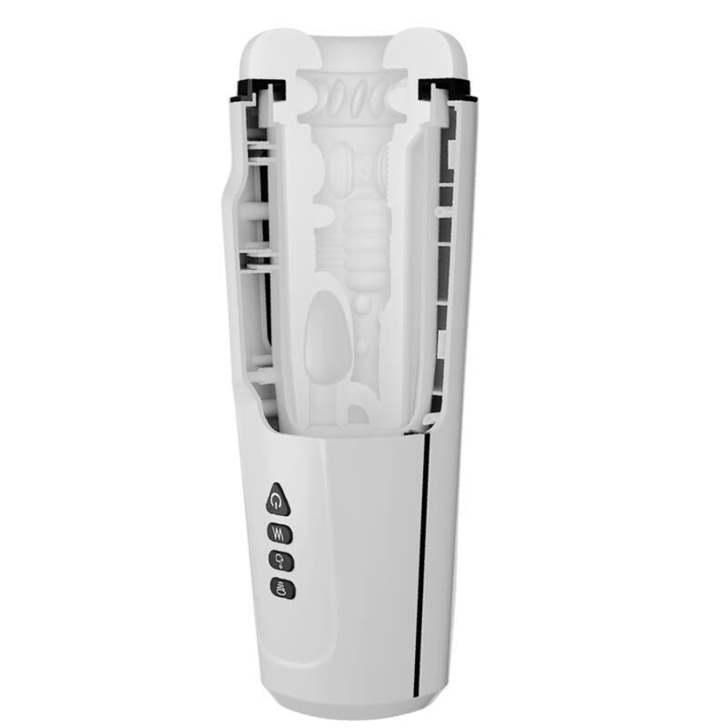 Weißes, zylinderförmiges Gerät, aufgeschnitten. Innenleben aus weißem Material sichtbar. Drei Knöpfe mit Symbolen.