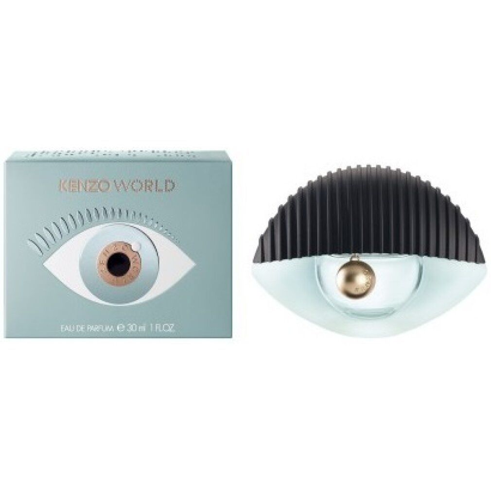 Kenzo World Eau de Parfum Spray. Hellblaues Flakon in Augenform mit schwarzem Deckel. Hellblaue Schachtel mit Augenmotiv.