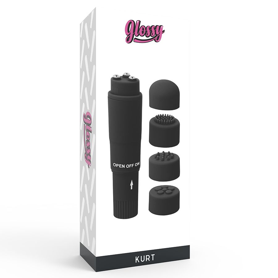 Schwarzer Vibrator mit Aufsätzen in einer Verpackung. Auf der Verpackung steht "Glossy" und "KURT". Auf dem Gerät steht "OPEN OFF ON".