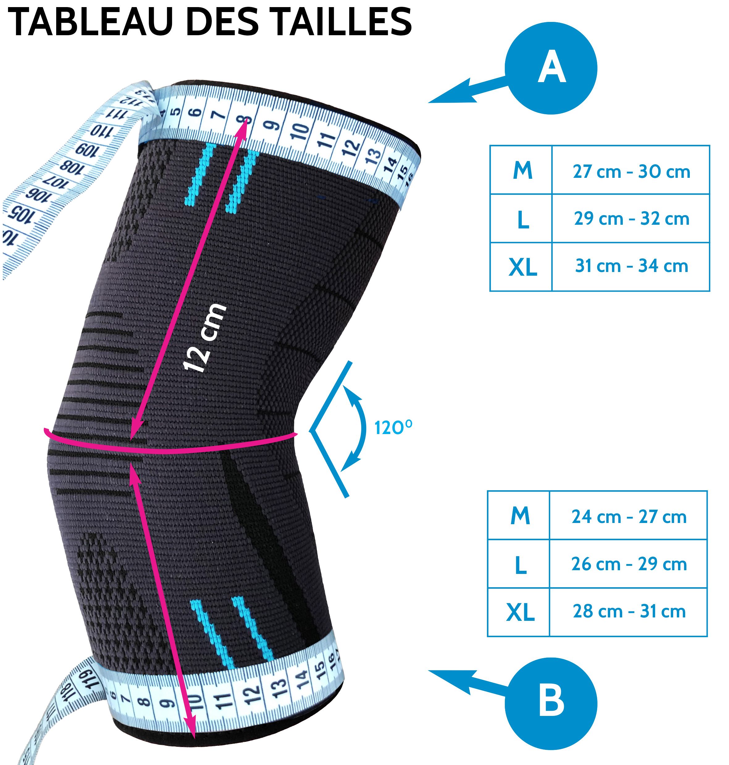 Attelle de coude avec mètre ruban. Tailles en cm : M : 27-30, L : 29-32, XL : 31-34. Partie inférieure : M : 24-27, L : 26-29, XL : 28-31.