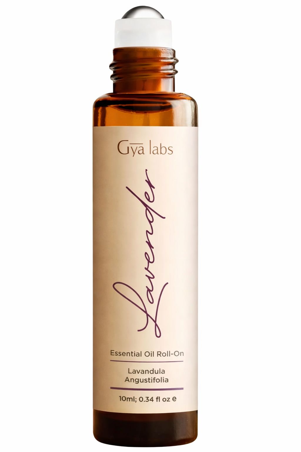Braune Glasflasche mit Lavendel-Roll-on. Etikett mit Produktnamen und Inhaltsstoffen. Gya Labs-Logo.