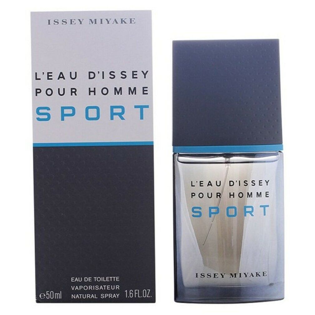 Flakon und Verpackung. Flakon: rechteckig, grau-blau. Verpackung: weiß, grau. Aufschrift: L'EAU D'ISSEY SPORT.