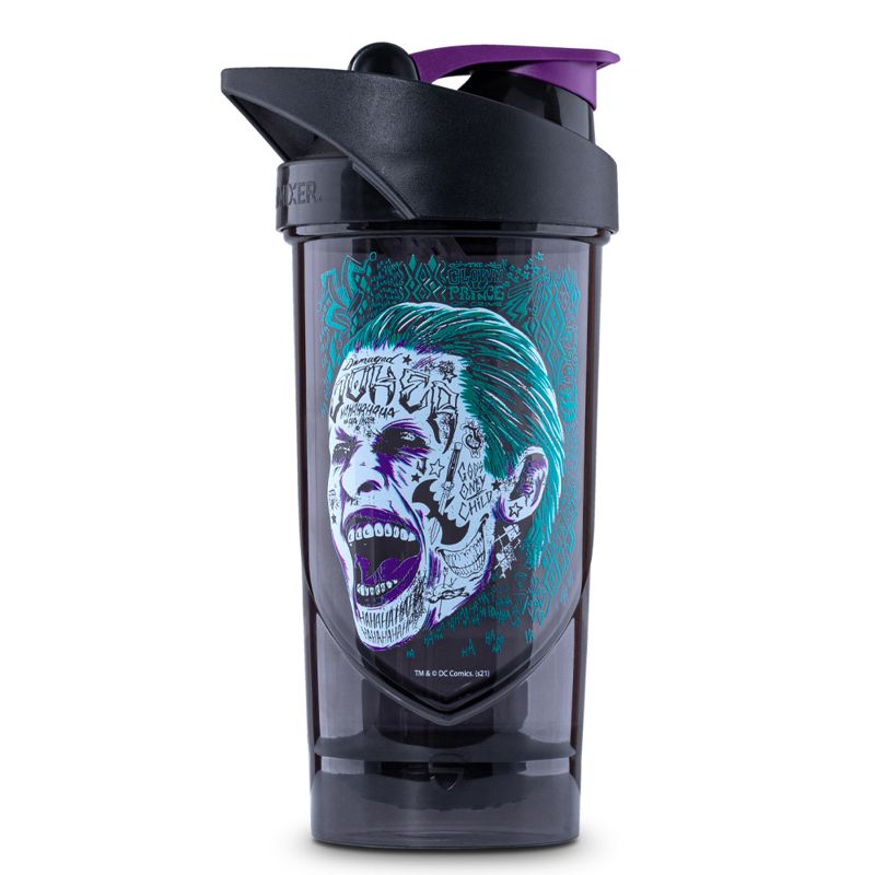 Schwarzer Shaker mit Joker-Design. Der Shaker hat einen Deckel mit lila Akzenten.