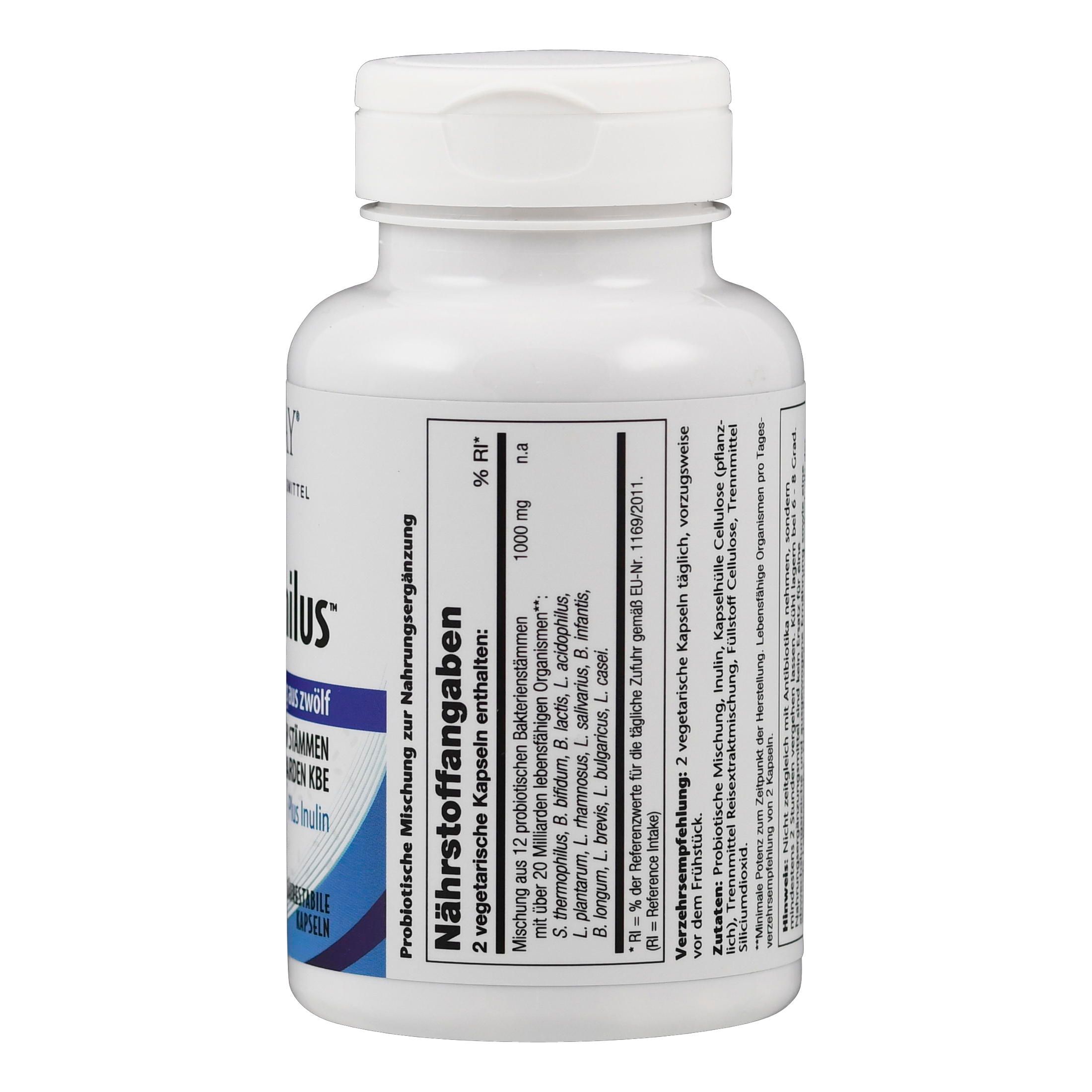 Weiße Flasche Solaray Multidophilus 12. Aufschrift: 2 vegetarische Kapseln enthalten. Nährstoffangaben.