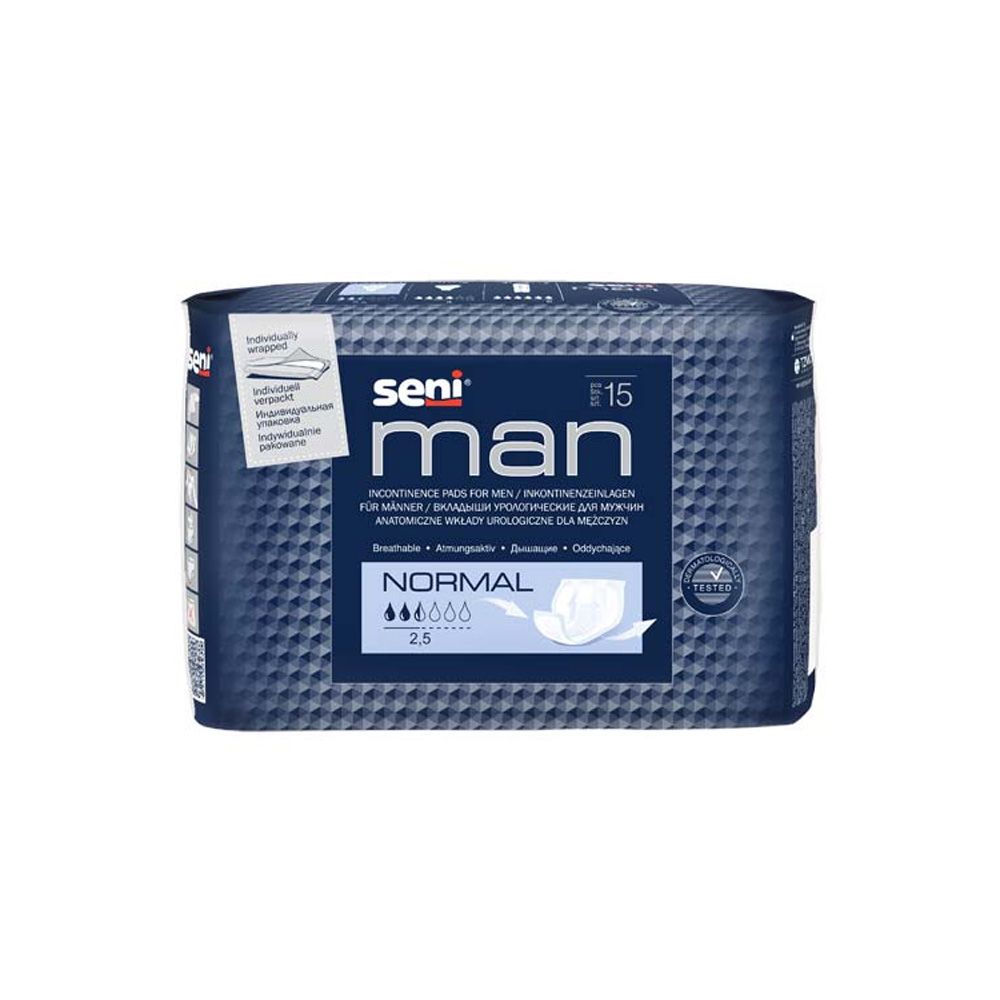 Seni Man Normal Inkontinenzeinlage. Blaue Verpackung mit Produktinformationen und Logo. 15 Stück.
