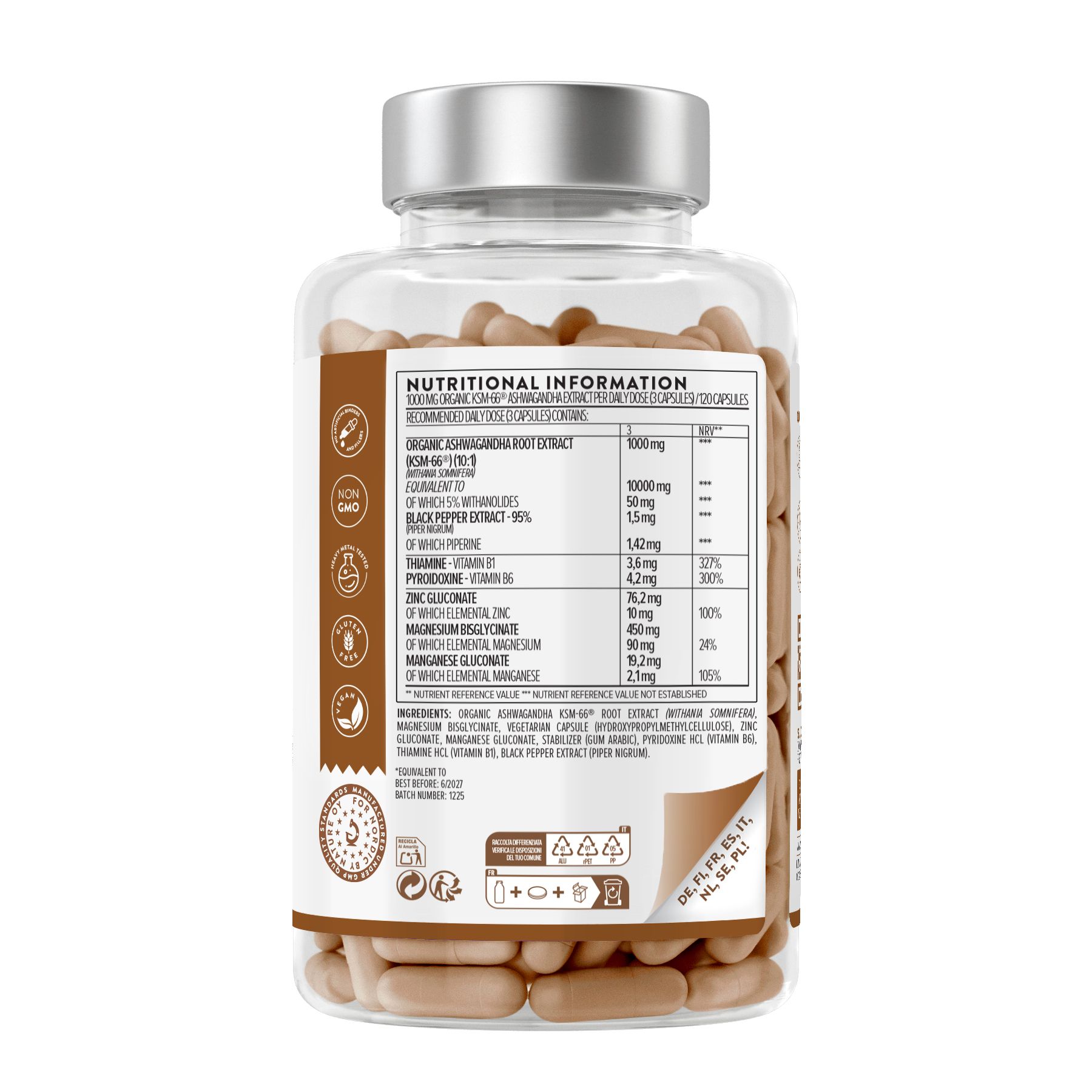 Retro di un flacone di capsule marroni. Scritta: Aavalabs. Informazioni nutrizionali e ingredienti. Vari simboli.
