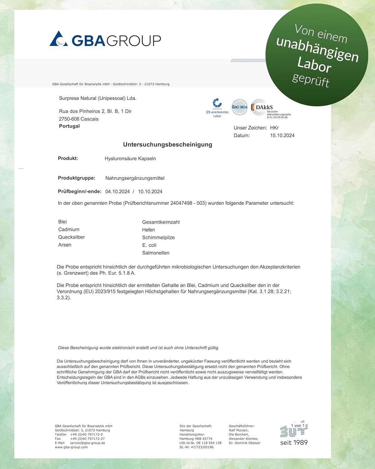 Laborbericht für Surpresa Natural Hyaluronsäurekapseln, geprüft von GBA GROUP.
