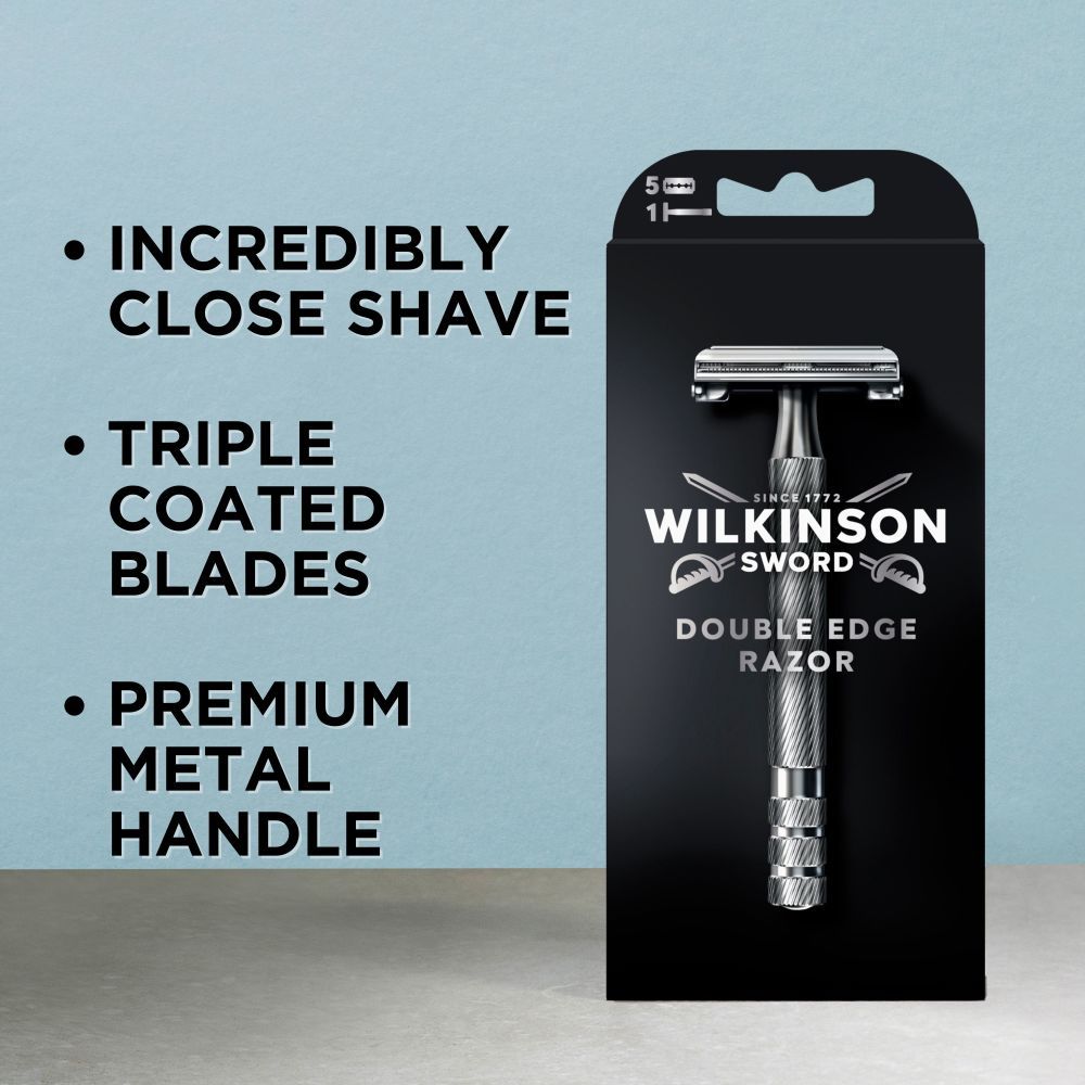 Wilkinson Sword Double Edge Rasierer in schwarzer Verpackung mit Produktabbildung.