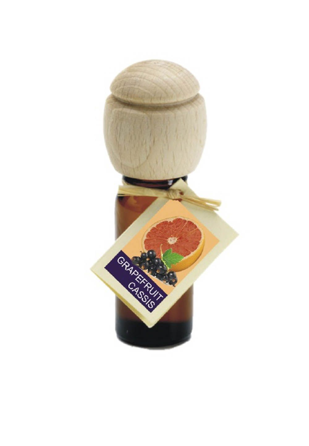 Braune Glasflasche mit Holzverschluss und Anhänger. Anhänger zeigt Grapefruit und Cassis. Aufschrift: Grapefruit Cassis.