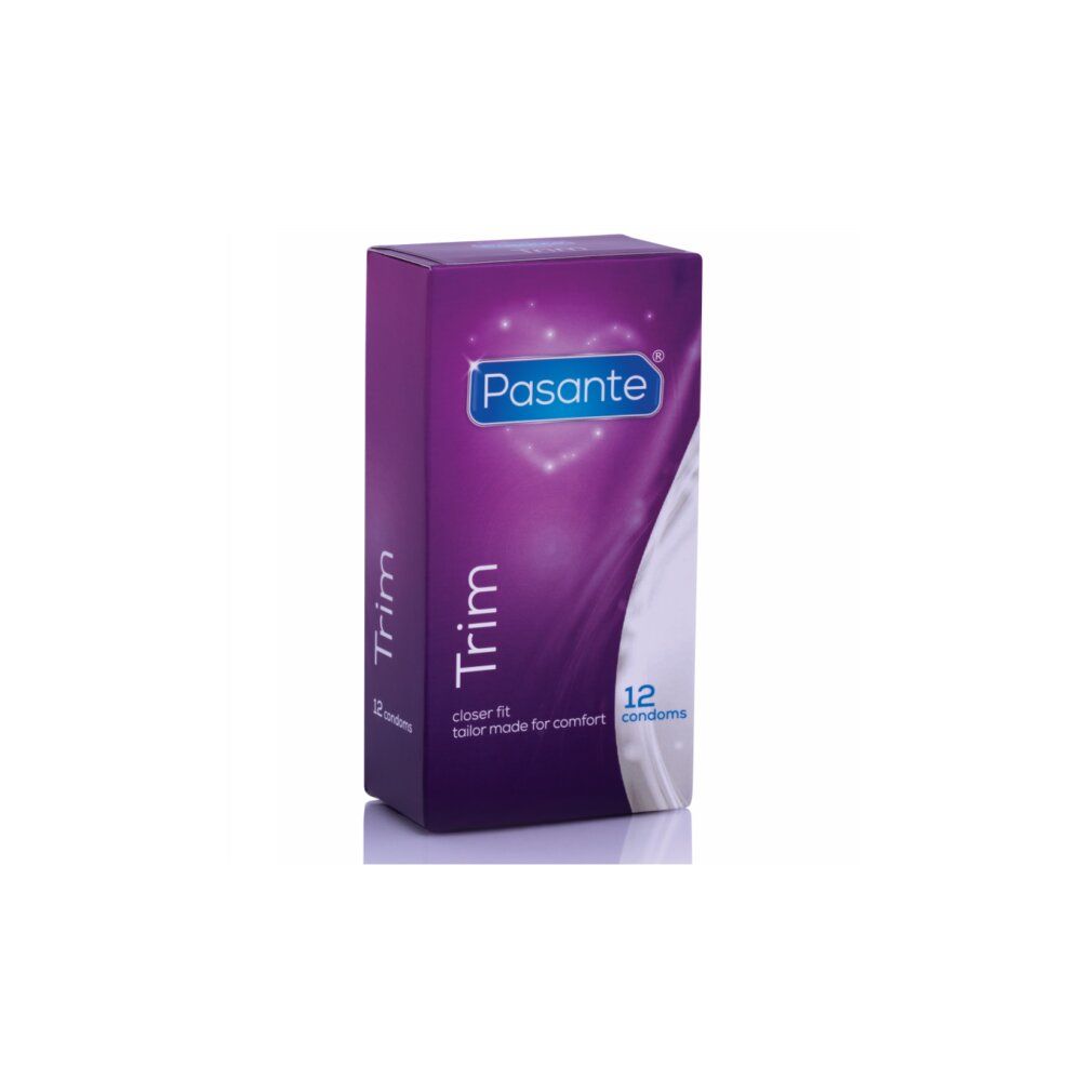 Verpackung von Pasante Trim Kondomen. Lila Schachtel mit Produktnamen und 12 Kondomen. Closer Fit.