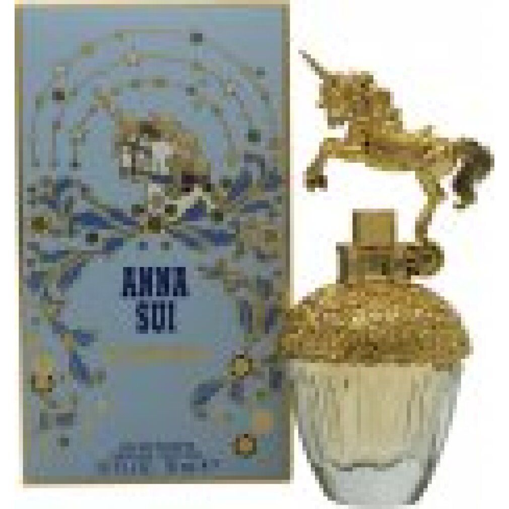 Parfümflakon mit goldenem Einhorn-Deckel und blauer Schachtel mit Schriftzug 'Anna Sui Fantasia'.