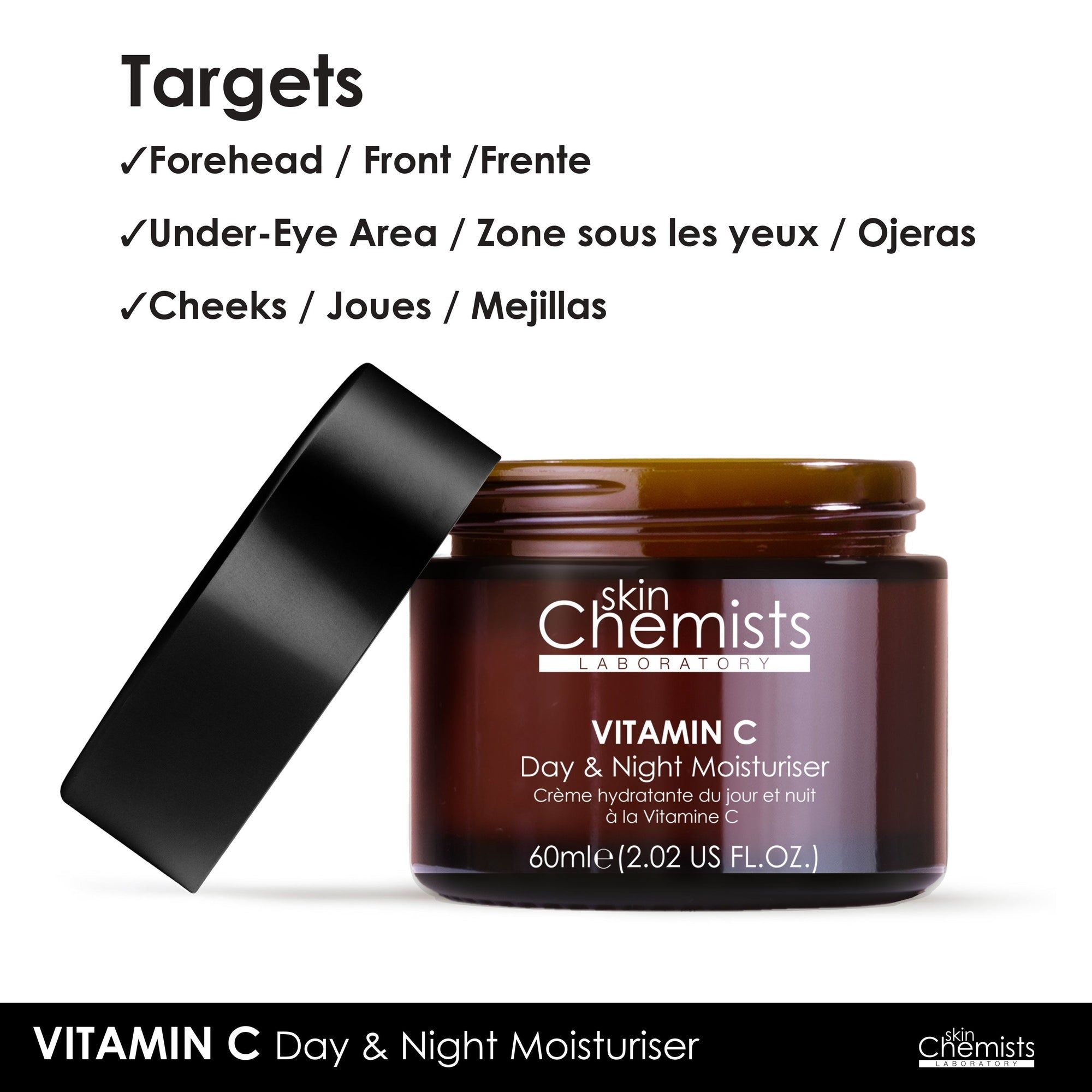 Braune Glasdose mit schwarzem Deckel, geöffnet. Aufschrift: Vitamin C Day & Night Moisturiser. Marke: skinChemists. Text: Targets.