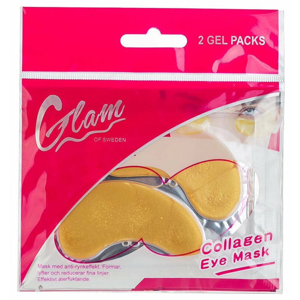 Verpackung mit zwei goldenen Augenmasken. Aufschrift: Glam of Sweden, Collagen Eye Mask. Rosa Verpackung mit Aufdruck.