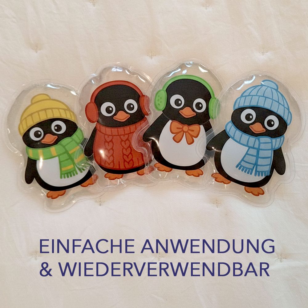 Vier Pinguin-Kompressen auf einer weißen Oberfläche. Text: Einfache Anwendung & wiederverwendbar.