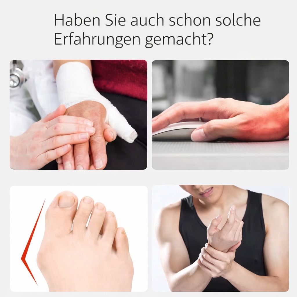Verschiedene Bilder von Händen und Füßen. Handgelenk-Bandage. Schmerzen in Hand und Fuß. Hand am Computer. Fuß mit Hallux Valgus.