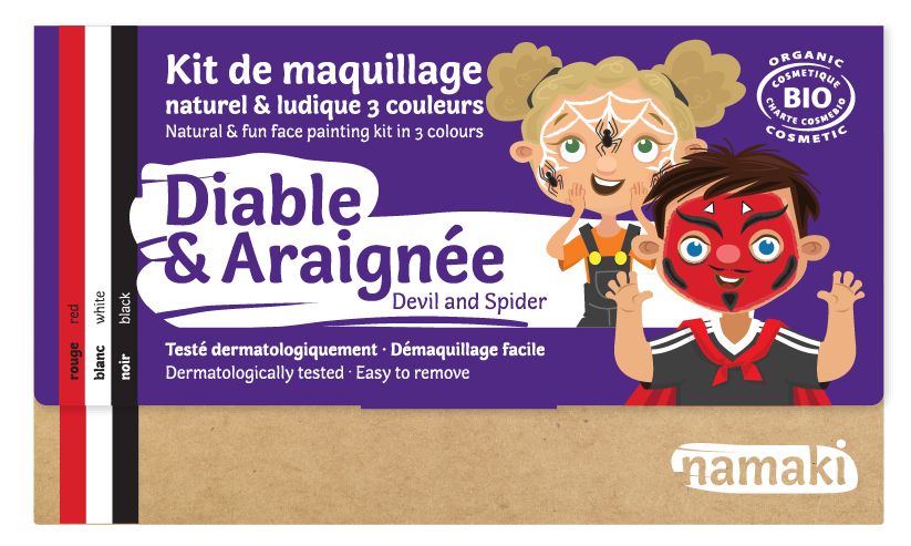 Namaki Bio Schminkset Teufel & Spinne. Kartonverpackung mit Produktabbildung. Enthält 3 Farben, rot, weiß, schwarz. Aufschrift: "Diable & Araignée".