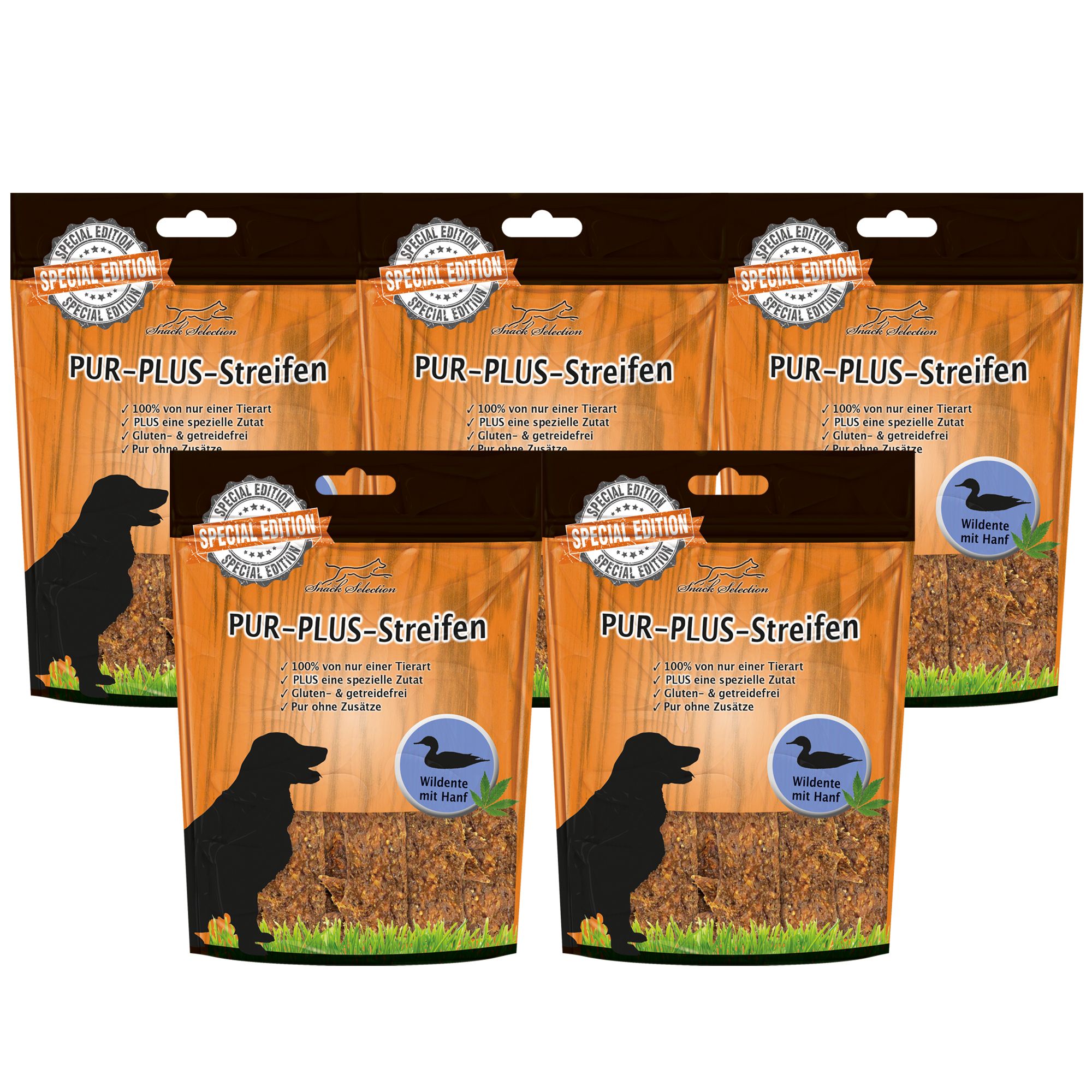 Fünf Packungen PUR-PLUS-Streifen Wildente plus Hanf. Text: 100% von nur einer Tierart, plus eine spezielle Zutat, gluten- & getreidefrei, pur ohne Zusätze.