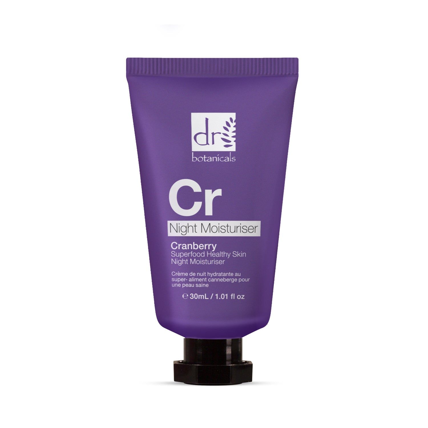 Lila Tube mit schwarzem Verschluss. Aufschrift: Dr Botanicals, Cr, Night Moisturiser, Cranberry Superfood Healthy Skin Night Moisturiser.