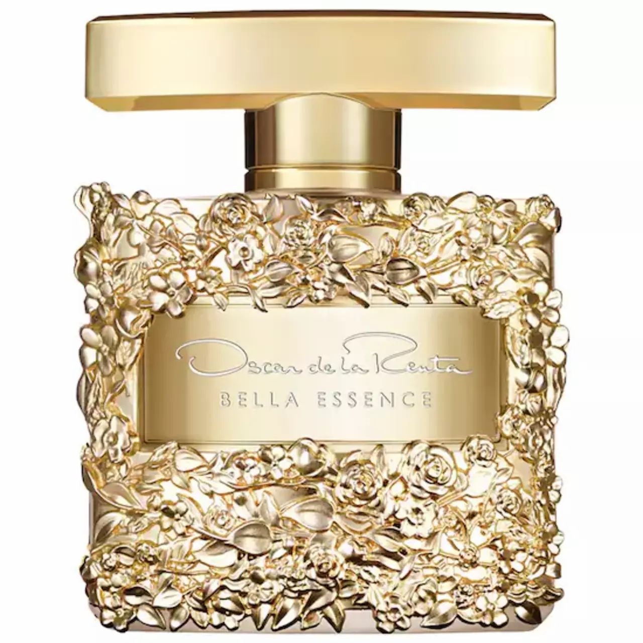 Goldfarbener Flakon mit floralem Dekor. Schriftzug: Oscar de la Renta, Bella Essence.