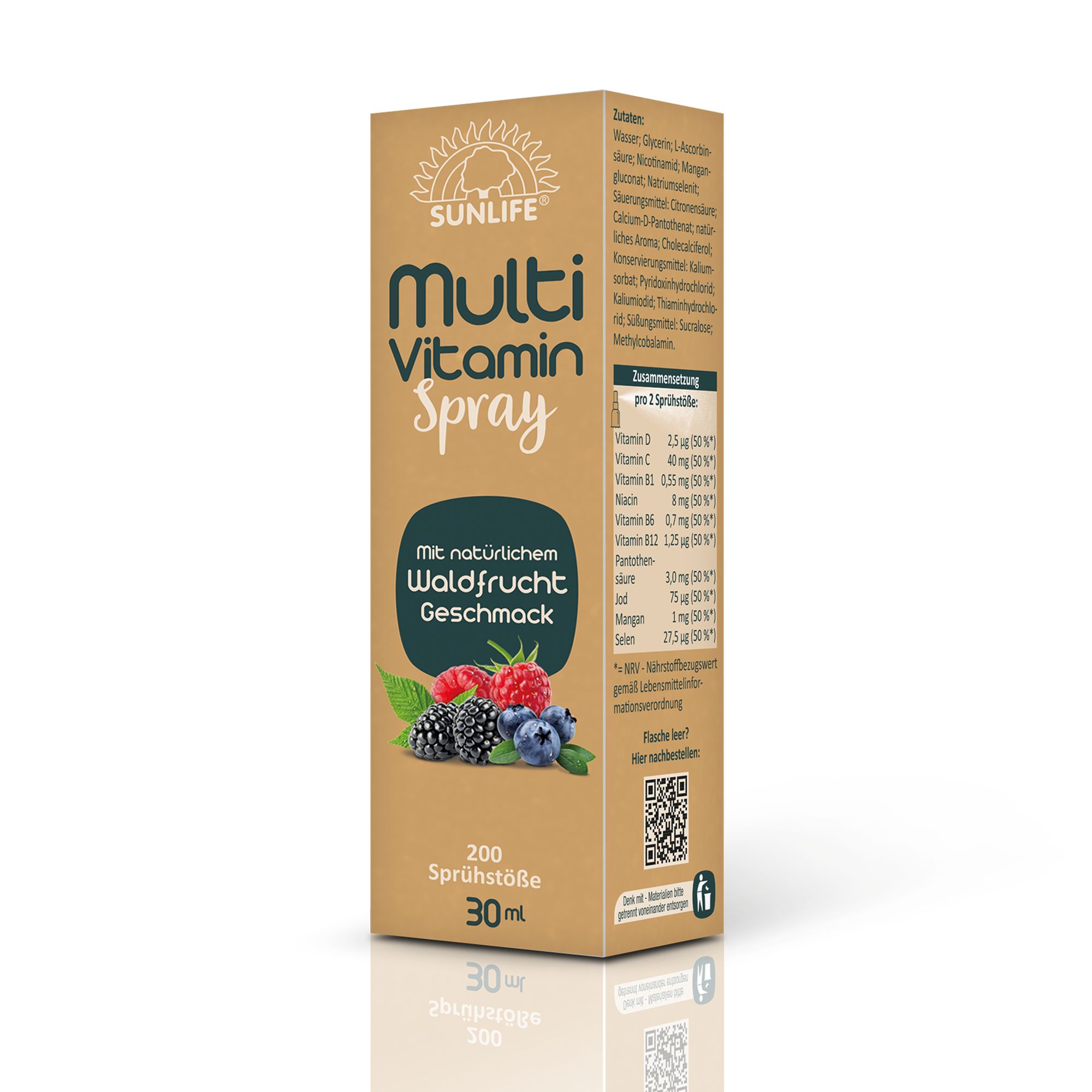 Verpackung SUNLIFE Multi Vitamin Spray. Waldfrüchte Geschmack. 30 ml, 200 Sprühstöße. Inhaltsangaben und Nährwerttabelle.
