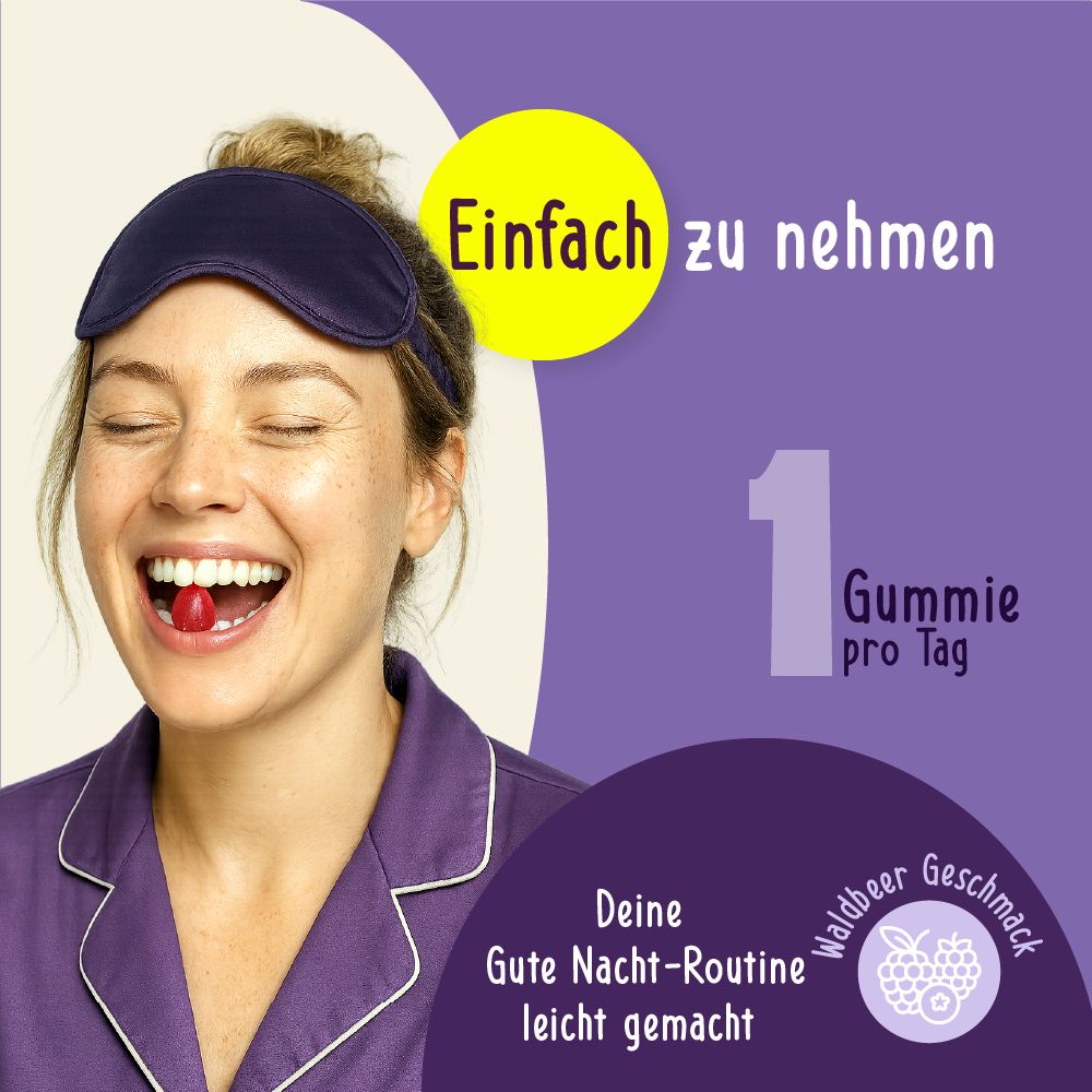 Frau mit Augenbinde isst Gummibärchen. Text: Einfach zu nehmen, 1 Gummie pro Tag, Waldbeergeschmack. Lila Hintergrund.