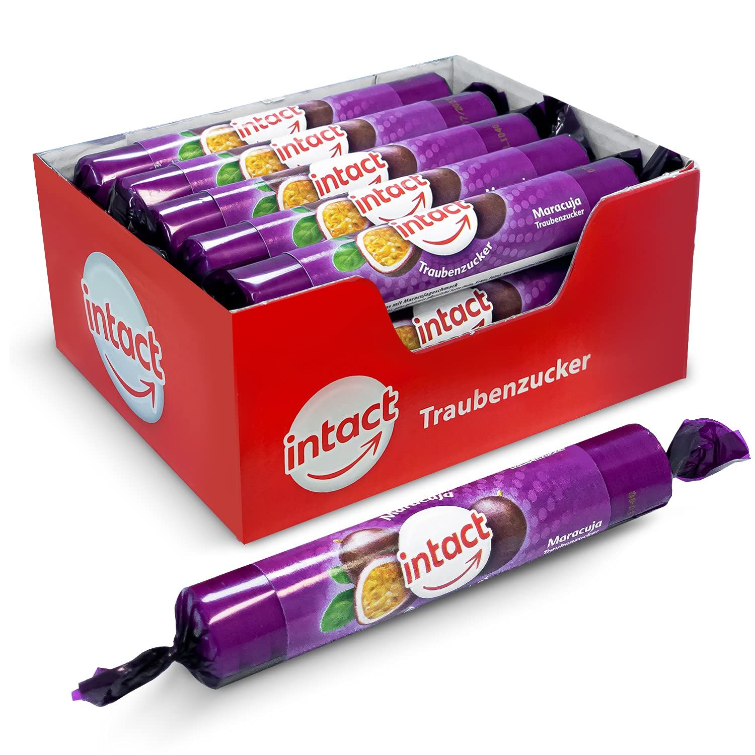 Eine geöffnete rote Box mit Traubenzucker-Rollen. Eine Rolle liegt davor. Auf der Verpackung: intact Traubenzucker Maracuja.