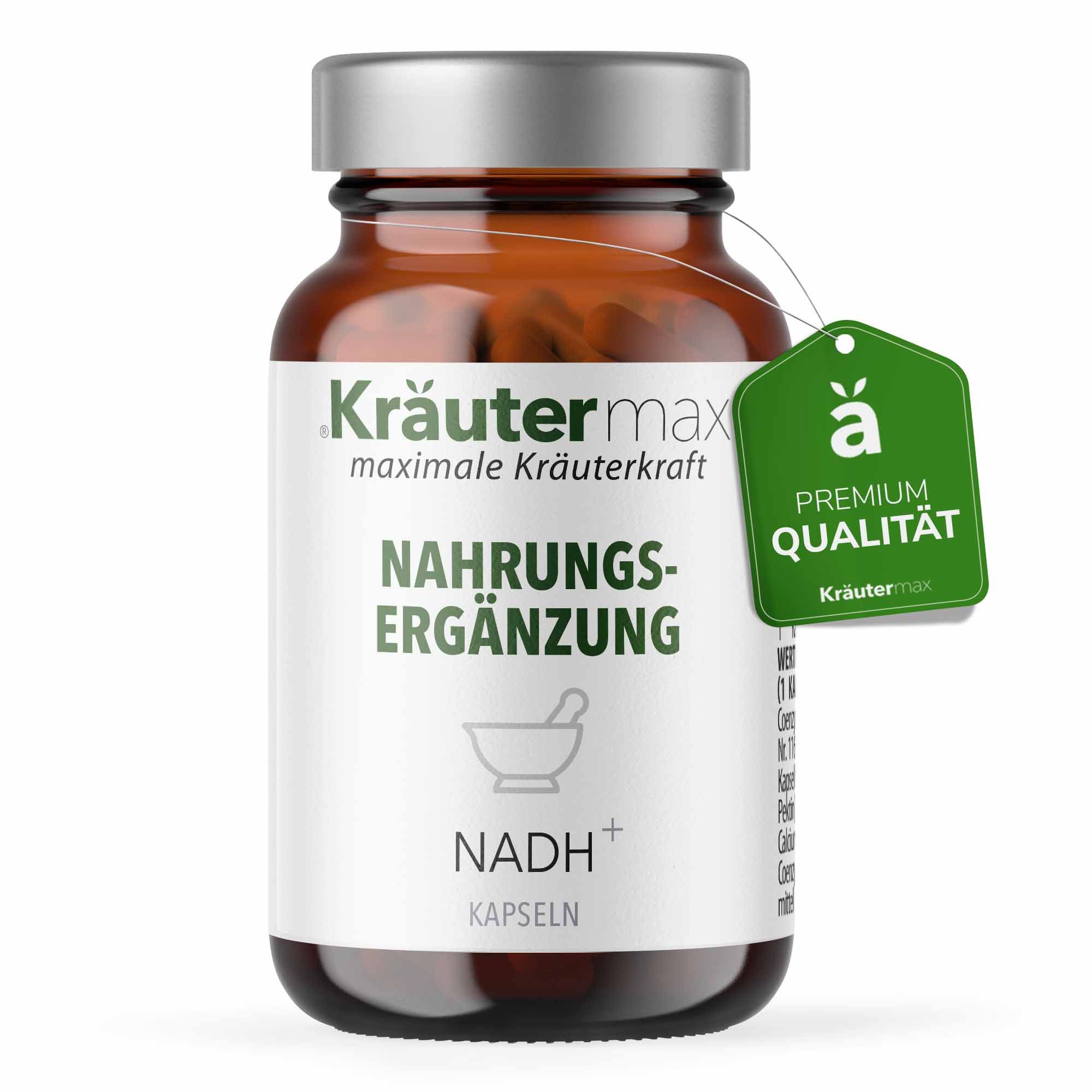 Braune Glasflasche mit weißem Etikett. Text: NADH Kapseln, Nahrungsergänzung. Grüner Anhänger: Premium Qualität. Logo: Kräutermax.