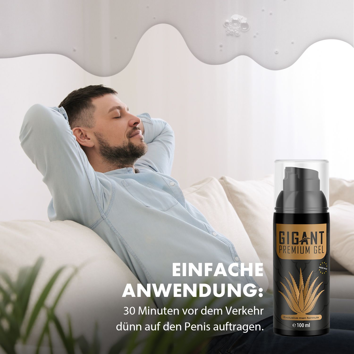Schwarze Flasche mit goldfarbenem Etikett. Aufschrift: GIGANT PREMIUM GEL. Aloe Vera-Motiv. E 100 ml. Mann liegt entspannt auf Sofa.