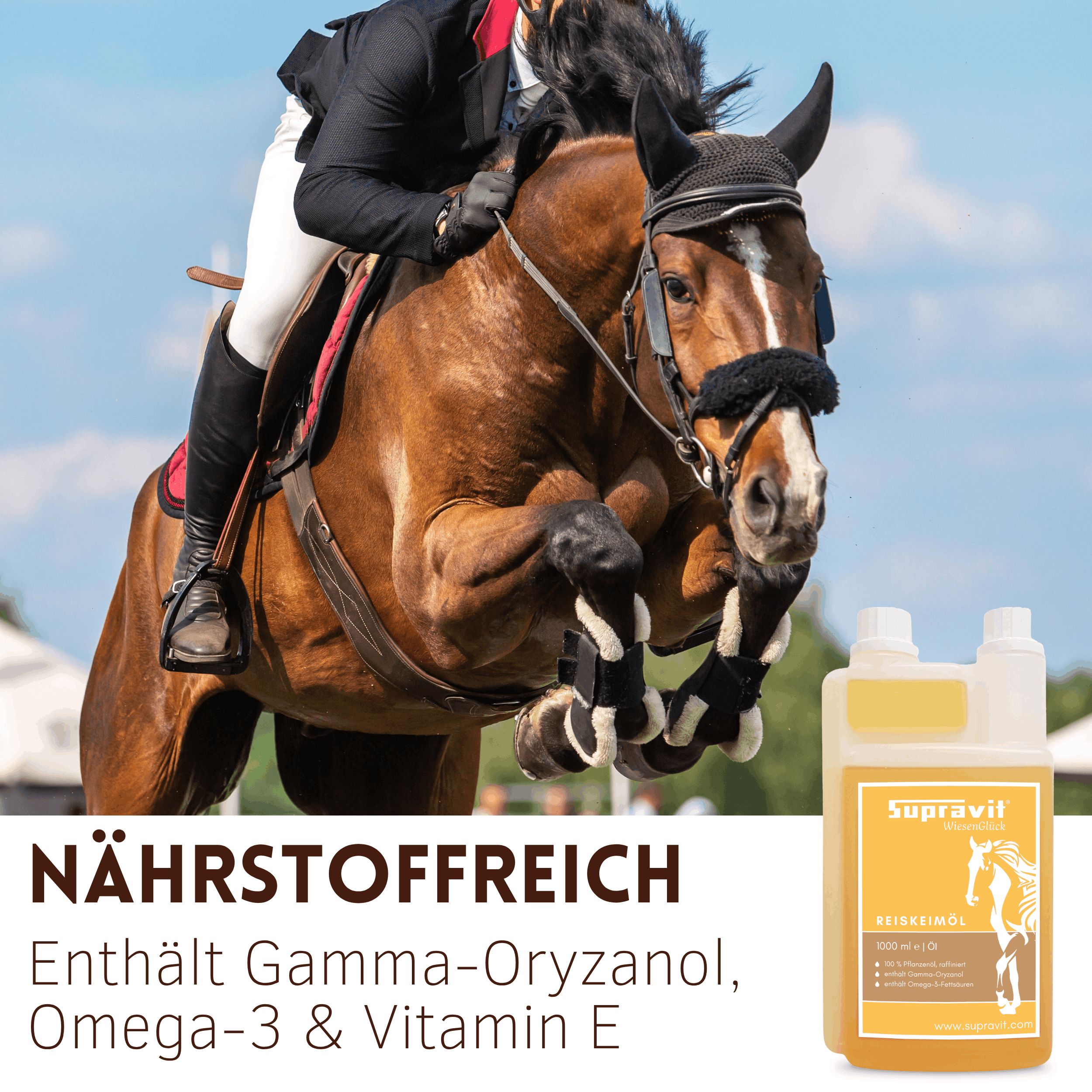 Pferd springt über Hindernis. Rechts Flasche mit gelbem Öl, Etikett mit Logo und Text. Text: Nährstoffreich, enthält Gamma-Oryzanol.
