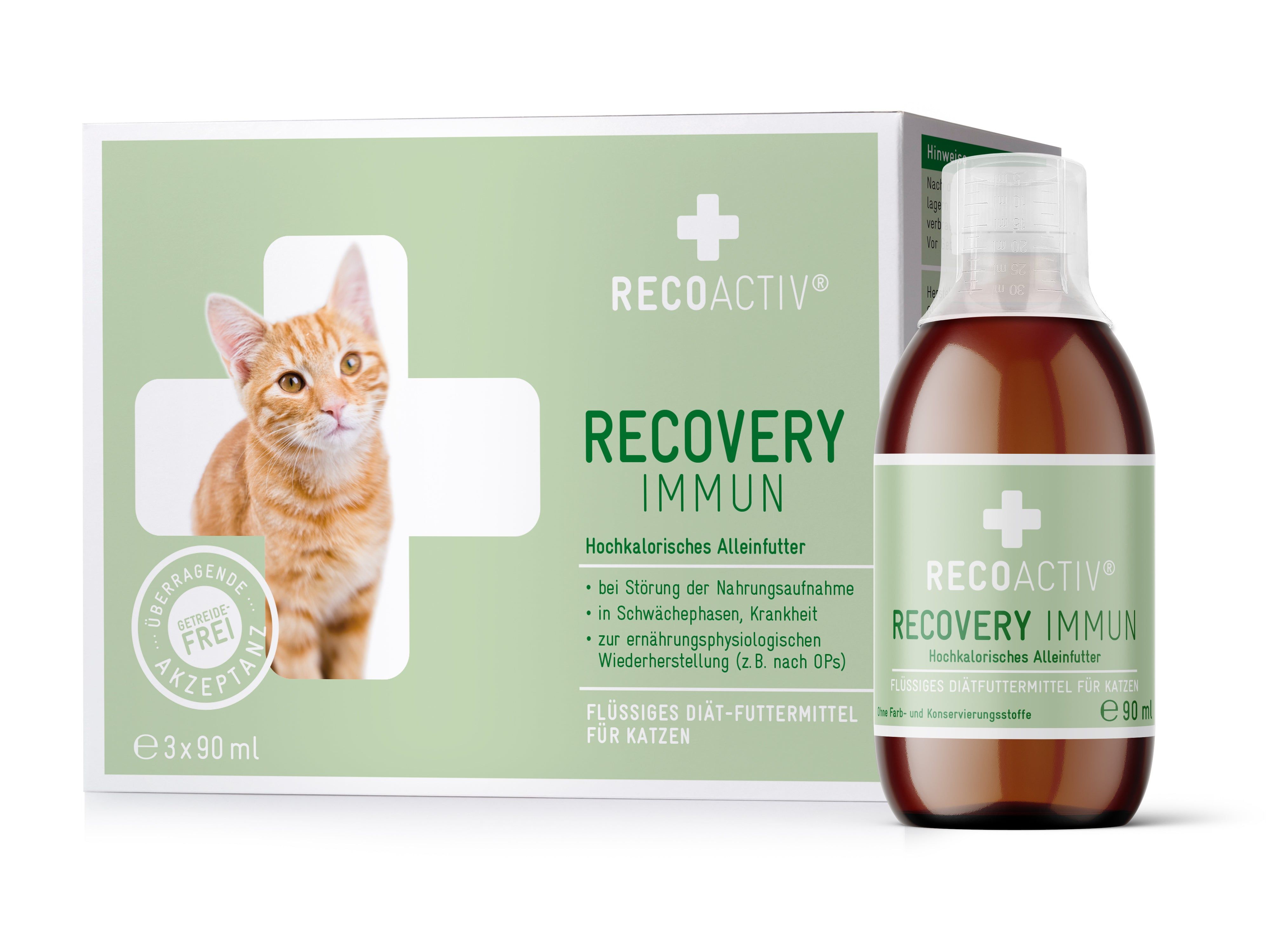 Flüssiges Diät-Futtermittel für Katzen. Flasche und Verpackung mit Produktnamen und Logo. Abgebildet ist eine Katze.