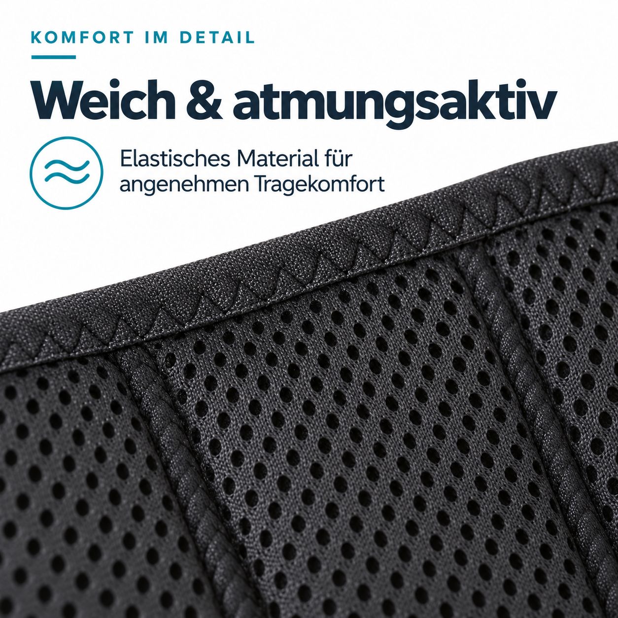 Schwarzer Rückenstützgürtel aus atmungsaktivem Netzmaterial mit elastischen Zuggurten.