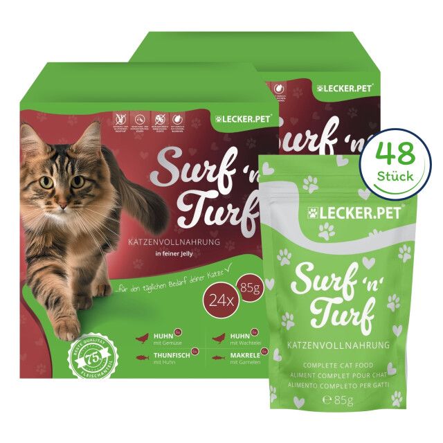 Katzenfutter-Packungen und Einzelbeutel. Aufdrucke: Surf'n'Turf, Katzenvollnahrung, 48 Stück, Lecker.Pet, 85g, Huhn, Thunfisch, Makrele.