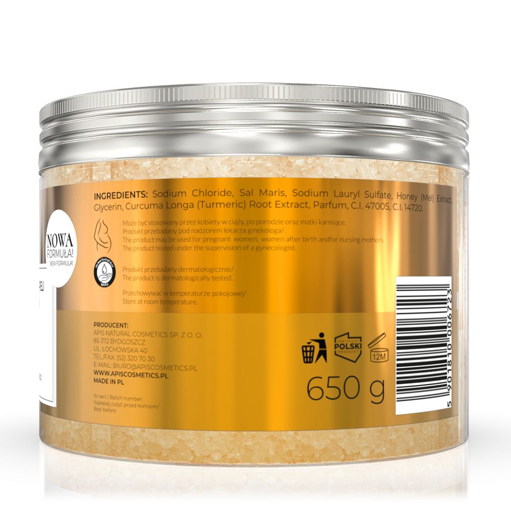 Rückseite des Badesalzbehälters. Etikett mit Inhaltsstoffen und Text. Gewicht: 650 g. Barcode und Recycling-Symbol.