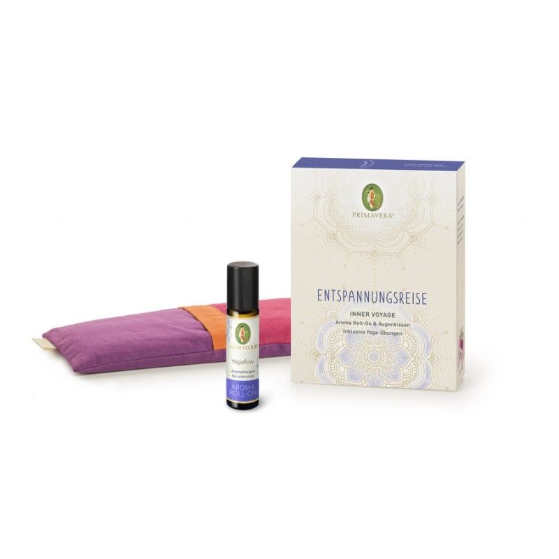 Geschenkset Entspannungsreise. Enthält Roll-on, Augenmaske und Box. Box mit Text: Entspannungsreise, Inner Voyage.