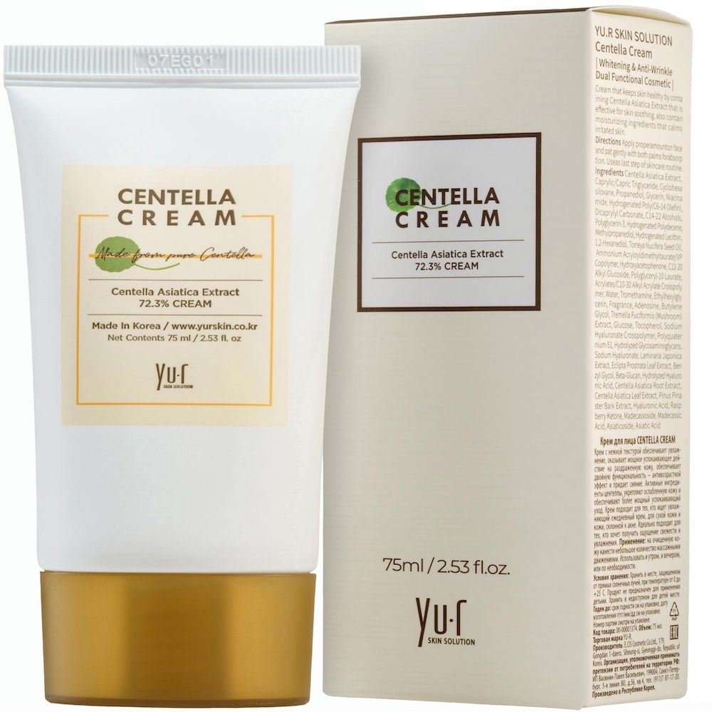 Creme-Tube und Karton. Aufschrift: Centella Cream, Centella Asiatica Extract 72.3% CREAM. Marke Yu.r.