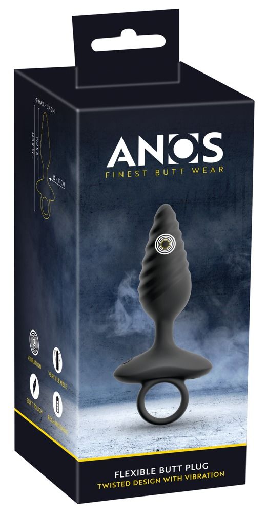 Verpackung mit schwarzem Analplug. Marke ANOS. Text: Finest Butt Wear, Flexible Butt Plug, Twisted Design with Vibration.