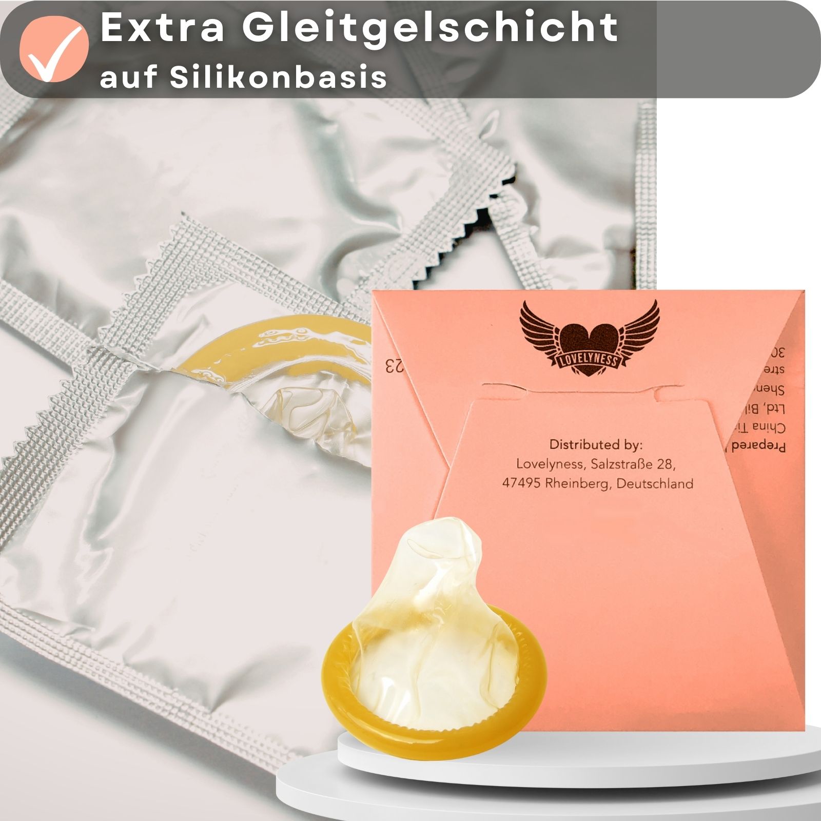 Kondom. Extra Gleitgel auf Silikonbasis. Marke Lovelyness. Einzeln verpackt.