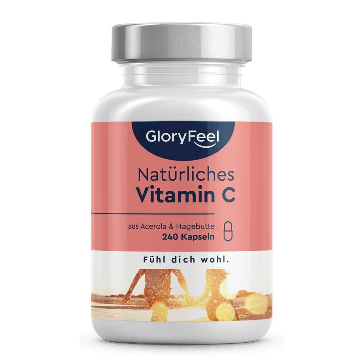 Gloryfeel Natürliches Vitamin C Kapseln, 240 Kapseln. Weiße Flasche mit rosa Etikett. Text: Natürliches Vitamin C, aus Acerola & Hagebutte.