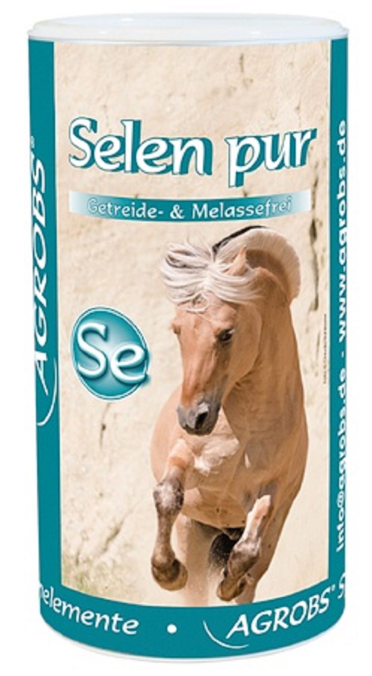 Zylindrische Dose mit "Selen pur" und einem Pferd. Text: Getreide- & Melassefrei, Agrobs.
