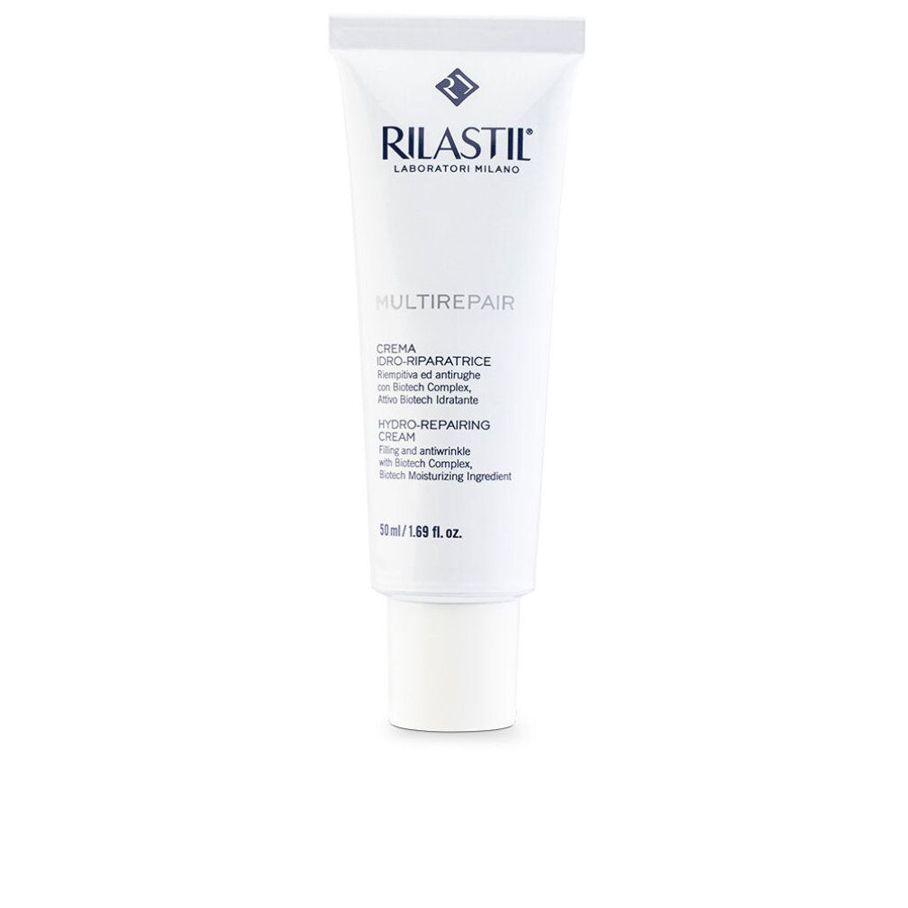 Weiße Tube RILASTIL® MULTIREPAIR. Creme gegen Falten. 40 ml.