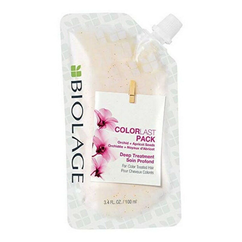 Beutel mit Biolage Colorlast Deep Treatment. Enthält Orchidee und Aprikosenkerne. Für coloriertes Haar. 3.4 fl. oz / 100 ml.