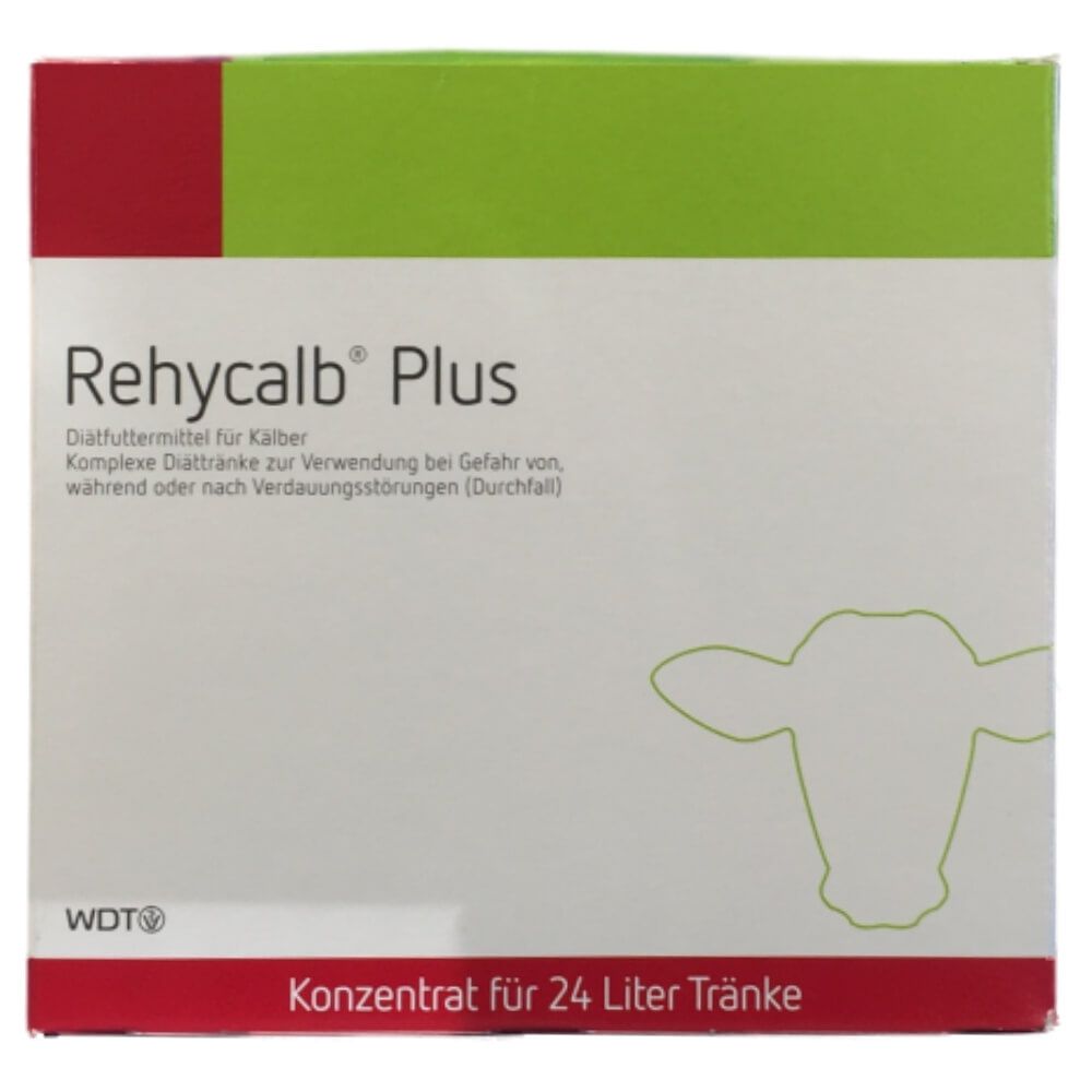 Karton mit Rehycalb Plus Aufschrift. Text und Kuh-Silhouette. Konzentrat für 24 Liter Tränke. WDT Logo.