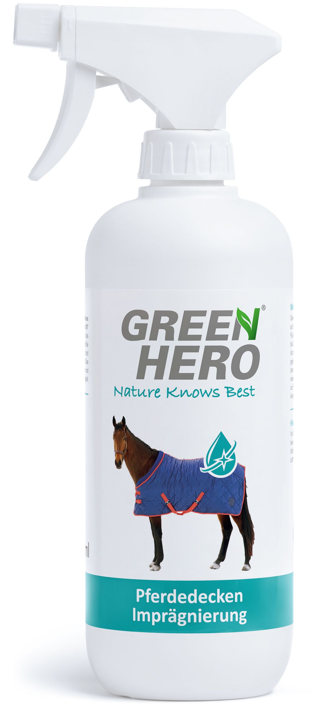 Weiße Sprühflasche mit GREEN HERO-Logo und Pferde-Illustration. Text: Pferdedecken Imprägnierung. Auf weißem Hintergrund.