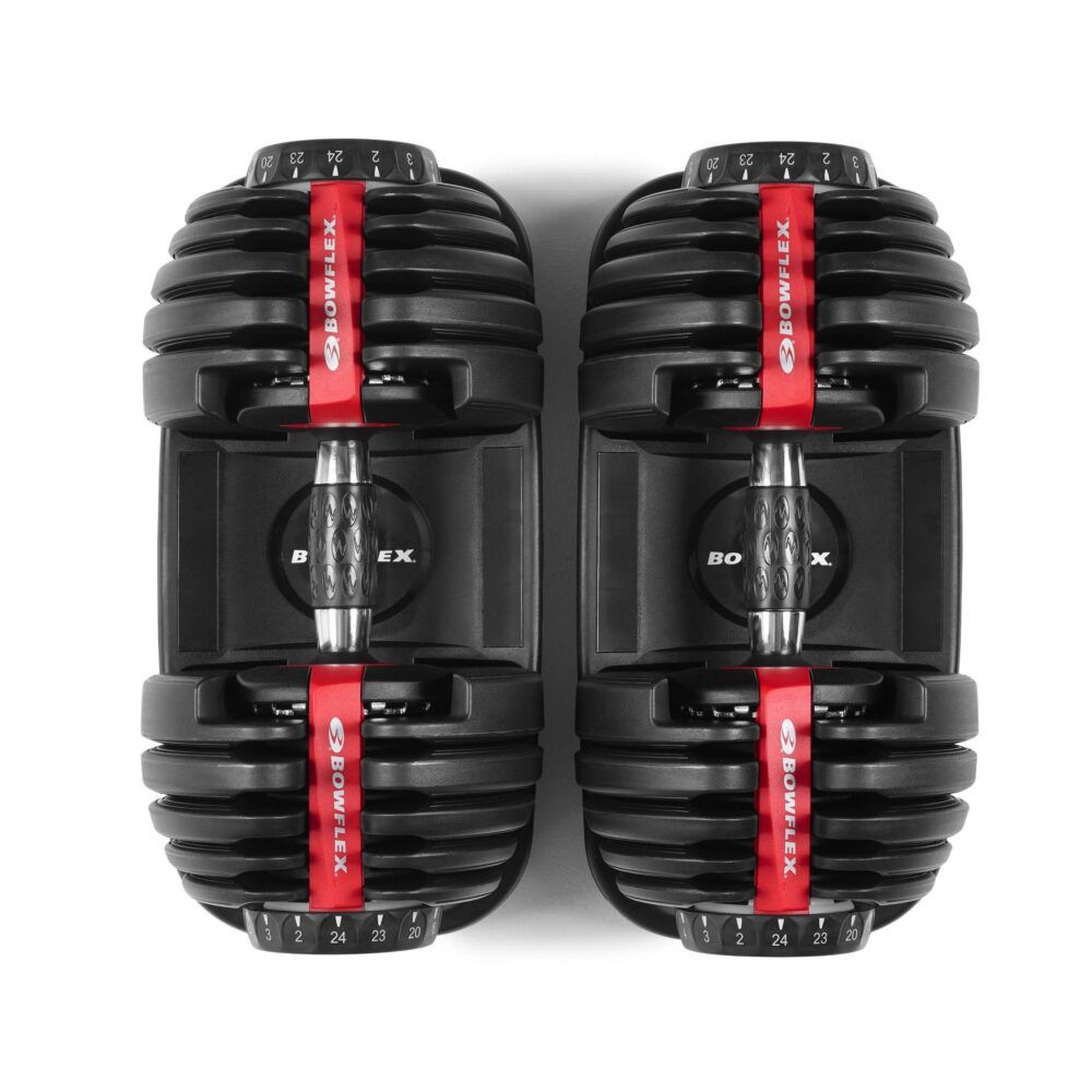 Zwei Hanteln, Draufsicht. Schwarz mit roten Akzenten. Einstellbare Gewichte mit Zahlen. Marke Bowflex sichtbar.